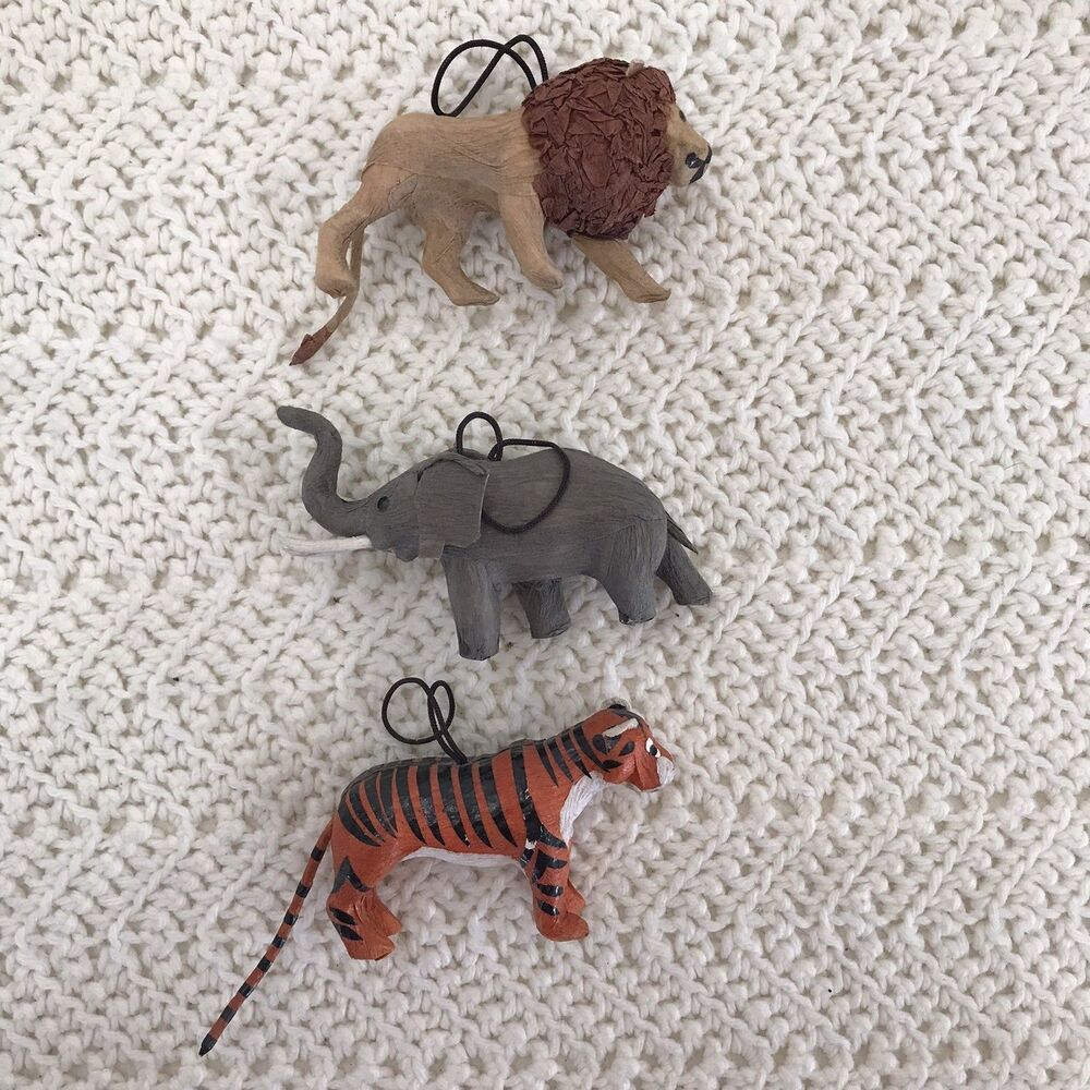 Rare Pier One Hand Made Paper Mache Christmas Ornaments Jungle Animals